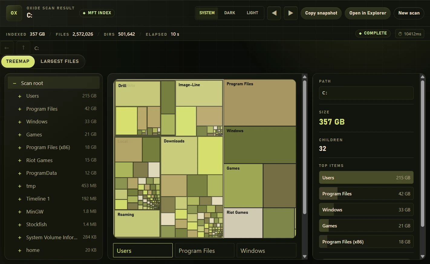 Oxide desktop application showing disk space analysis on Windows 11